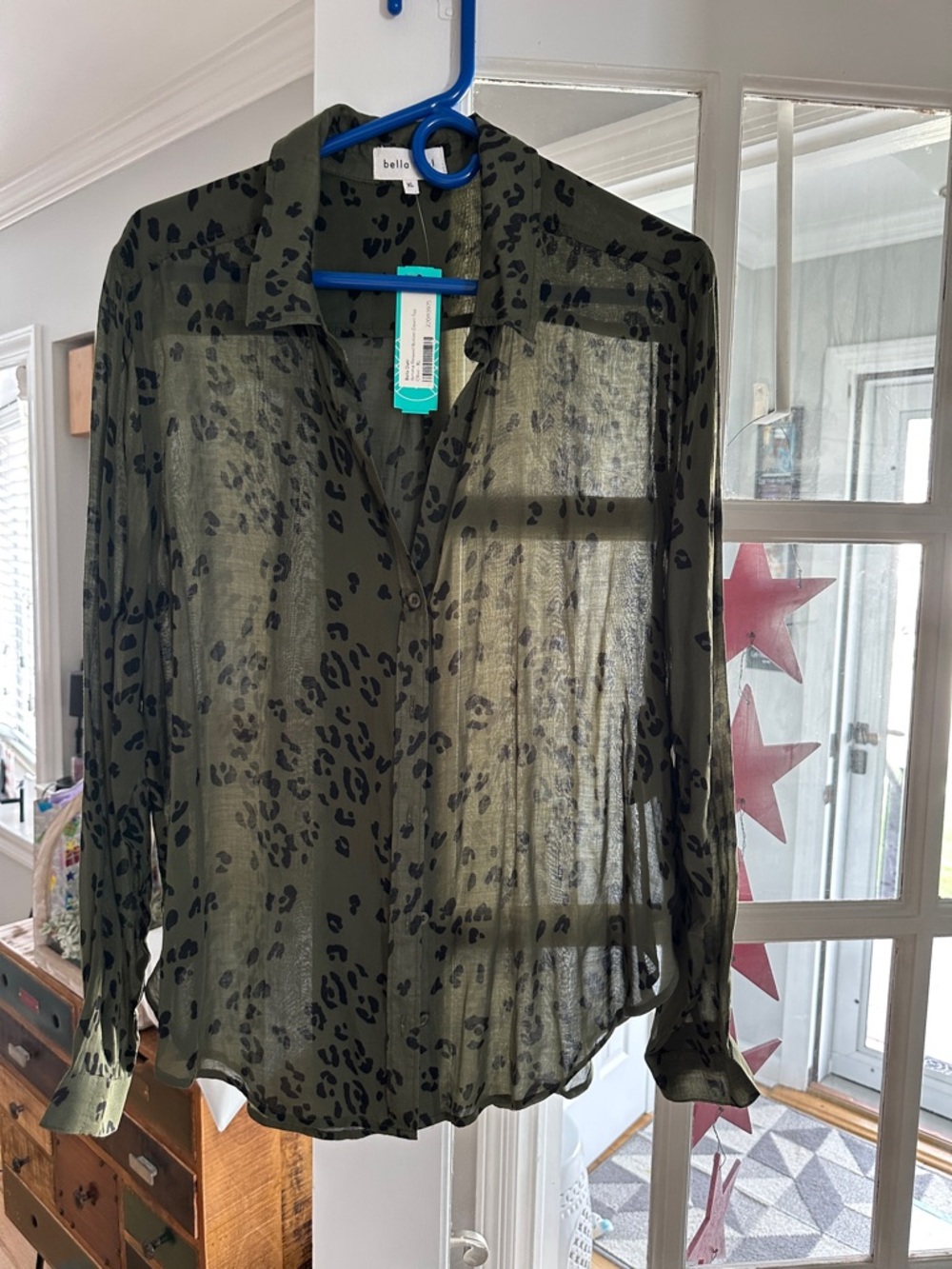 Sheer Olive Green Leopard-Print Button-Down Shirt - Bella Dahl XL